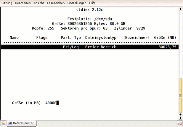 Erstellen einer primären Partition mit 40 Gigabyte