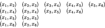 \begin{displaymath}\begin{array}{r@{\quad}r@{\quad}r@{\quad}r@{\quad}r}
(x_1,x_...
...2,x_5) & & & \\
(x_1,x_6) & (x_2,x_6) & & & \\
\end{array} \end{displaymath}